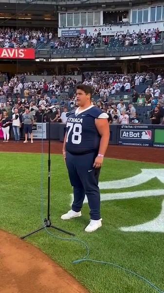 Thanks to Nick Capodilupo for tonight’s beautiful rendition of our National Anthem. In addition to being an offensive lineman for Ithaca College, he is also a voice performance major at the school. | New York Yankees