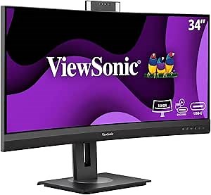 ViewSonic VG3457CV 34 Inch Ultrawide QHD 1440p Curved Video Conferencing Docking Monitor with Windows Hello Compatible IR Webcam, Advanced Ergonomics, and 100W USB C for Home and Office