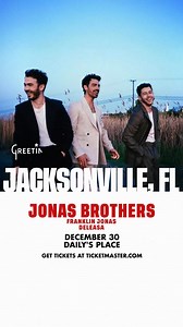 1.2K views · 572 reactions | Greetings from Jacksonville  The Jonas Brothers are coming to Daily's Place on December 30th with special guests Franklin Jonas & Deleasa! Tickets on sale this Wednesday, November 26th at 10AM. | Daily's Place | Facebook