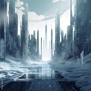 Futuristic city, town. The concept of the future. Winter city concept. Realistic 4k animation. Background for social media posting.