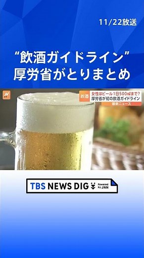 “女性はビール1日500mlまで？”初の“飲酒に関するガイドライン”をとりまとめ アルコール量を把握し健康に配慮した飲酒を 厚労省 | TBS NEWS DIG #shorts