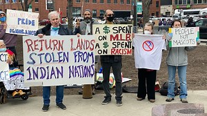 Cleveland Indians name change: Protesters gather outside Progressive Field prior to Home Opener