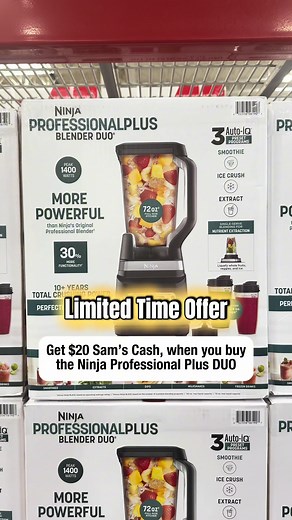 Linked in bio! If you’ve been thinking about upgrading your blender…this is your sign 👀 Right now you’ll get $20 Sam’s Cash when you purchase the @Ninja Kitchen Professional Plus Blender DUO with Auto-iQ (through 2/26) ✔️ 1400 peak watts ✔️ 72-oz pitcher for family batches ✔️ 2 single-serve cups for grab-and-go ✔️ Auto-iQ presets for smoothies, frozen drinks extractions Powerful, sleek and basically does the work for you. Who’s making smoothies tomorrow morning? 🥤🙋🏻‍♀️ #NinjaPartner #NinjaBl