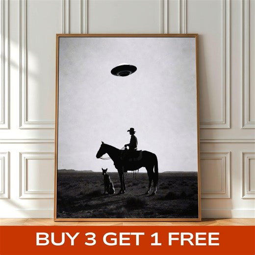 Western Sci‑fi Cowboy UFO Decor, Vintage Surreal Desert UFO Poster, Bedroom Pop of Quirk, Sci-fi Cowboy, Whimsical Wild West Alien Art Print - Etsy