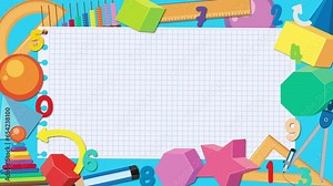 Paper notebook with line and maths number, tools and learning objects frame border template