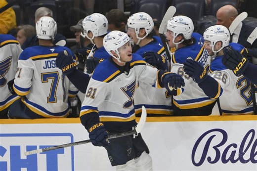 Dylan Holloway Injury: St. Louis Blues forward exits game vs Penguins after hit from Rutger McGroarty