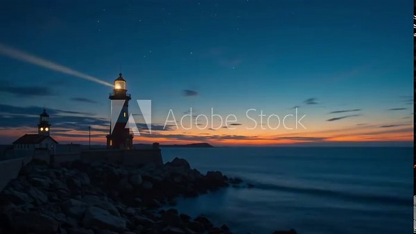 Lighthouse night beacon light sky ocean silhouette dramatic glowing landscape reflection water horizon sunset dusk. 4k video