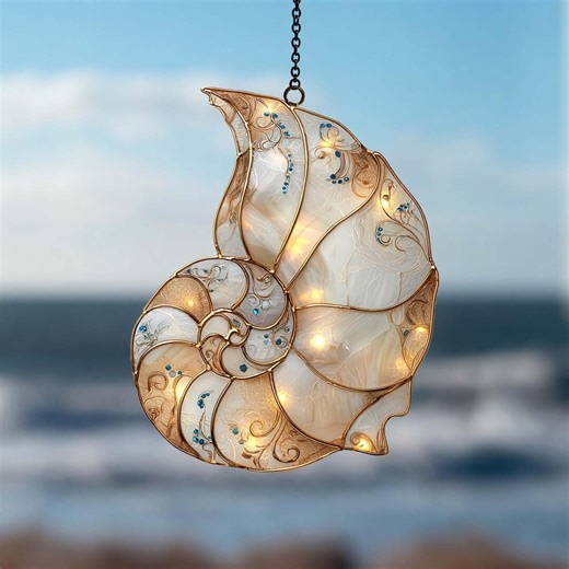 Stained Glass Nautilus Shell Suncatcher, Ocean Spiral Window Hanging Decor, Elegant Coastal Sun Catcher, Unique Gift for Sea Lovers - Etsy