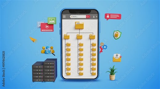 Systematic Data Storage. Folder Hierarchy Structure, Document Management System, DMS. Cloud Storage, Create, Store, Manage, Track Online Files, Folders. Saving, Organizing Files on Mobile. 3D Video