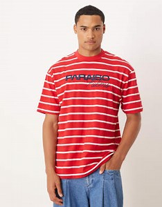 ASOS DESIGN relaxed t-shirt with sports graphic in red and white stripe | ASOS
