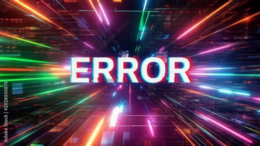 Glitchy neon digital error message with bold white ERROR text streaking through colorful motion blur and light trails, cyberpunk data-stream visuals conveying system failure