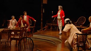 Heidi Kettenring as John Dickinson coolly takes the stage in 1776, delivering "Cool, Cool, Considerate Men" with a blend of charisma and political savvy. | Marriott Theatre
