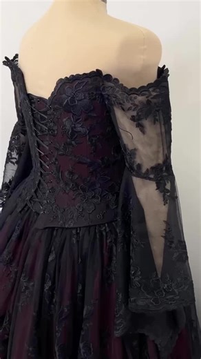 Red and Black Lace Basque Waist Gothic Wedding Dress With Bell Sleeves, Vintage Style Lace Gown, Alternative Dress - Etsy