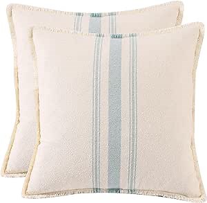 Light Blue Throw Pillow Covers 18x18 Set of 2 with Fringe Striped Farmhouse Couch Decorative Pillowcases Woven Textured Chic Coastal Neutral Boho Cushion Cover for Sofa Living Room Home Decor
