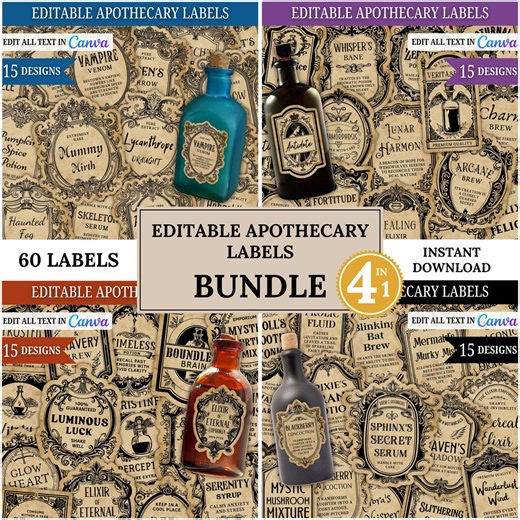 Editable Apothecary Labels Bundle: Wizard Potion Stickers, Vintage Jar Labels, Halloween Decor (canva Template) - Etsy