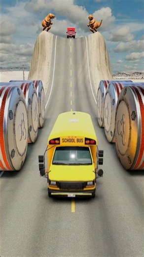 Colourful School Buses & Cargo Van vs Hydraulic Bollards Crush #3- BeamNG.Drive #beamngdrive