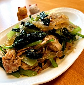 奥薗壽子さんレシピ小松菜と春雨の豚肉炒め☺️豆腐とろろ蒸し