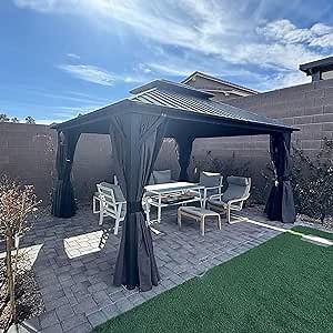 PURPLE LEAF 12' X 14' Hardtop Gazebo Patio Hardtop Gazebo with Heavy Duty Galvanized Steel Double Roof for Patio Lawn Garden, Netting and Curtains Included, Grey