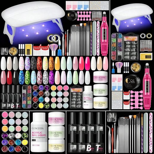 COSCELIA Acrylic Nail Kit For Beginners: With Everything Gel Polish Kit With UV Lamp Acrylic Nail Set With Glitter Acrylic Powder Complete Starter Kit Acrylic Nail Supplies