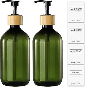 KASUNTING Green Soap Dispenser, Plastic Bathroom Soap and Lotion Dispenser Set with Bamboo Pump, 2 Pack 17 Fl Oz Hand and Dish Soap Dispensers Set for Bathroom, Refillable Liquid Soap Bottles