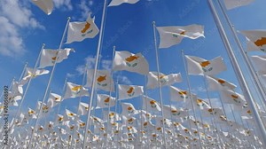 National flags of Cyprus waving in the wind. 3D render. Orange map with white, Cypriot country flags. Republic of Cyprus flags is a symbol of freedom, patriotism and independence.