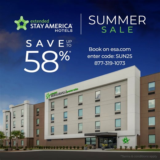Plan your summer getaway and save up to 58%. Enjoy maximum savings, as well as spacious suites, free wi-fi, pet-friendly rooms, and on-site guest laundry. | Extended Stay America
