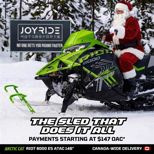Joyride Motorsports on Instagram: "🔥 2024 ARCTIC CAT RIOT 8000 ES ATAC 146 – PAYMENTS STARTING AT $147 OAC* 🔥 You don’t need perfect credit. You don’t need a down payment. Built for riders who want trail comfort with off-trail confidence in one machine. The 146 track delivers extra flotation in deep snow while staying planted on the trail. ATAC suspension automatically adapts to changing terrain so you stay in control all day, no matter the conditions. This is the sled you buy when you’re done