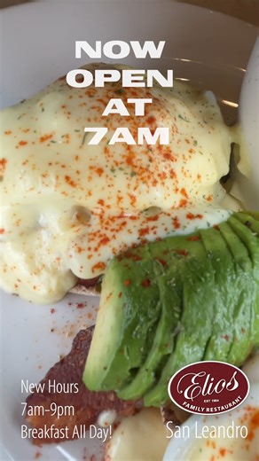 New hours are 7 AM to 9 PM daily. Elios San Leandro Famous food and Breakfast all day! Elios Family Restaurant 260 Floresta Blvd, San Leandro, CA 94578, USA See you soon. (510) 351-0463 Hours Open Daily 7:00 am 9pm #sanleandro #sanleandroeats @followers San Leandro Eats #thebestofsanleandro At San Leandro Vibe #dining #breakfast #lunch #dinner | Elios Family Restaurant