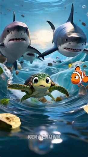 When the turtle and Nemo are cornered by the evil whales, nature helps them escape the danger.#Sea