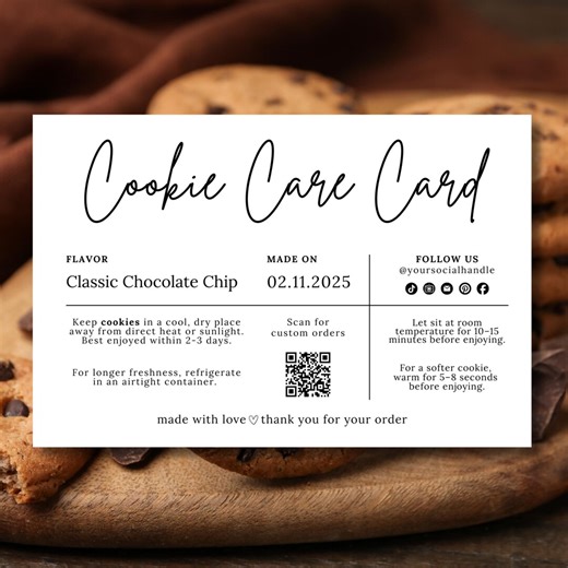 Cookie Care Card Template, 6x4 Editable Canva Bakery Care Instructions, Cookie Thank You Card, Printable QR Code Card - Etsy