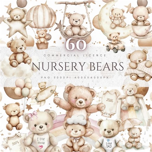 Watercolor Teddy Bear Clipart Bundle: Neutral Baby Shower Art (PNG Digital Download) - Etsy