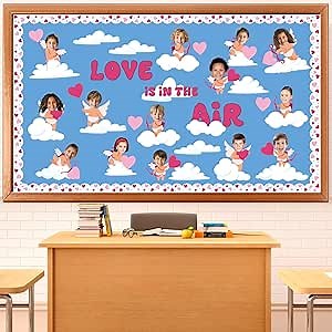 Valentine's Day Classroom Bulletin Board Decorations Love is in The Air Colorful Hearts Cloud Cutouts Valentine's Day Cupid Classroom Decor for Valentines DIY Craft Art School Wall Door Decor (73PCS)