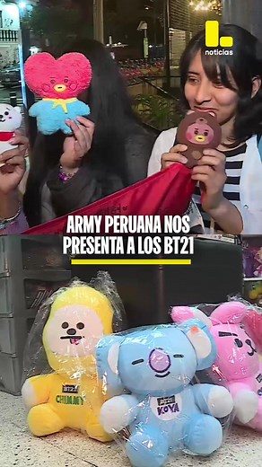 🟣La Army peruana se emociona y presenta a los BT21, los personajes creados por los propios miembros de BTS 💜. Tras la llegada del grupo de K-pop a Perú, crece la venta de productos y souvenirs con temática BTS y BT21: peluches, llaveros, polos y más invaden tiendas y ferias. La fiebre Army se siente en las calles, demostrando el enorme impacto del grupo en sus fans peruanos.
