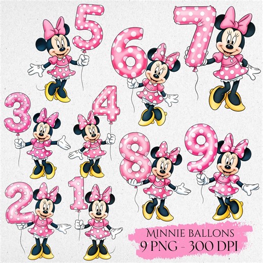 Minnie Mouse Balloon Clipart, Minnie With Balloons 1–9, Minnie Birthday Clipart, Minnie Party Decor, Minnie Birthday, Minnie Cake Topper PNG - Etsy UK