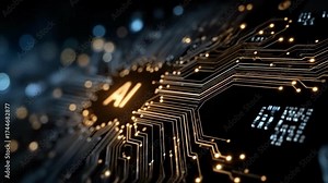 AI Circuit: A detailed representation of a cutting-edge AI circuit board, highlighting the intricate pathways and glowing nodes that power modern artificial intelligence.