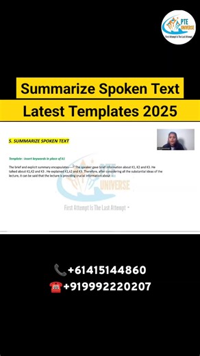 Summarize Spoken Text 🔊 | Latest PTE Templates 2025 | Score Booster Tip 🚀 Struggling with Summarize Spoken Text in PTE? 😰 This task can make or break your Listening Writing score if done wrong ❌ In this video, learn: ✅ Latest Summarize Spoken Text templates 2025 ✅ How to write 50–70 words perfectly ✅ Smart note-taking strategy ✅ Common mistakes students make ✅ Exam-tested structure for high scores 💯 📌 Applicable for PTE Academic & PTE Core 📩 DM “SST” for full templates & practice material 