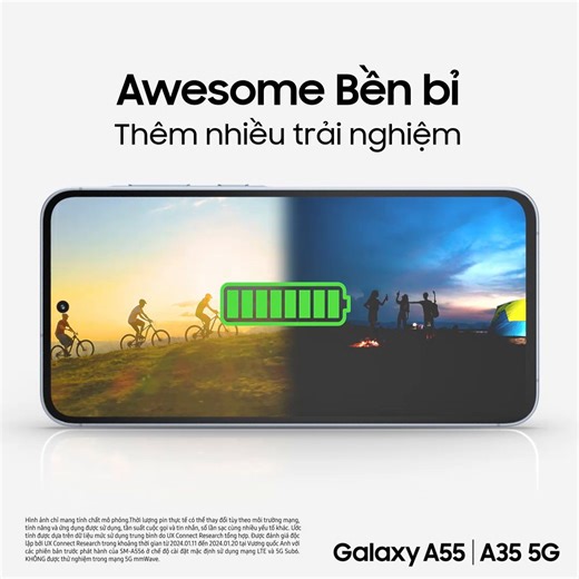 Trải nghiệm dài hơn lên đến 2 ngày với dung lượng pin lớn 5,000mAh của Galaxy A55 5G, giúp bạn khám phá mọi hành trình Awesome thêm bền bỉ. Vào cuộc chơi thêm bền bỉ với Galaxy A55 5G: https://bit.ly/GalaxyA55-5G_Mar19 #Samsung #GalaxyA35 5G #GalaxyA55 5G #AwesomeUngVanBien | Samsung