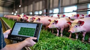 Smart sensors, attached to feeding stations, monitor individual pig dietary intake, relaying data to the cloud for farm managers to adjust nutrition plans in real-time.