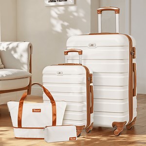 4 Piece Travel Luggage Sets,20/28 inch Lightweight Hardshell Carry-on and Checked Suitcase with Expandable Duffle Bags,White&Brown