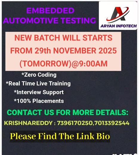 ARYAN EMBEDDED AUTOMOTIVE TRAINING | ARYAN INFOTECH - BEST EMBEDDED AUTOMOTIVE TESTING COURSE * Zero Coding * Duration : 2 months *100* Any Graduates and Any Year of Passed... | Instagram