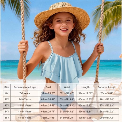 Girls Two Piece Swimsuits Color-Block Tiered Ruffled Bathing Suit Sky Blue Bikini Beach Swimwear Girls Fashion 11-12 Years