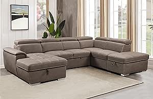 128" Oversized U-Shaped Corner Sleeper Sectional Sofa with Pull Out Couch Bed and Storage Chaise,7 Seaters Microfiber Tufted Upholstered Sofa & Couch Convertible Sofabed W/6 Headrests,Movable Ottoman