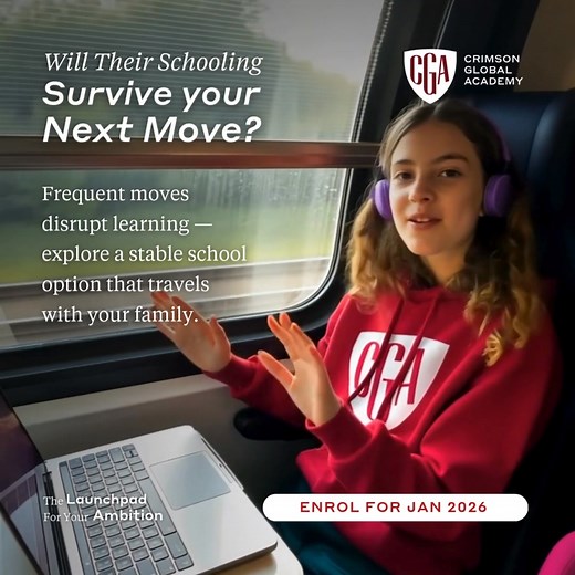 Changing schools again and again can take a toll — new classmates, new teachers, new expectations. Many children lose confidence or motivation when they have to keep starting over. CGA provides stability. With consistent teachers, small online classes, and global timetables, your child can stay in one school — no matter how often your family relocates. They get continuity, stability, and a community that moves with them. 👉 Speak to our admission team to start their Jan 2026 transfer. | Crimson 