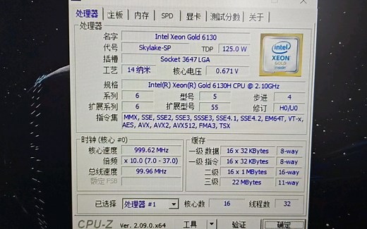 INTEL XEON GOLD 6130H处理器默频状态下性能参数和CPU-Z测试得分。感谢粉丝“Master丶xiu”提供测试视频。