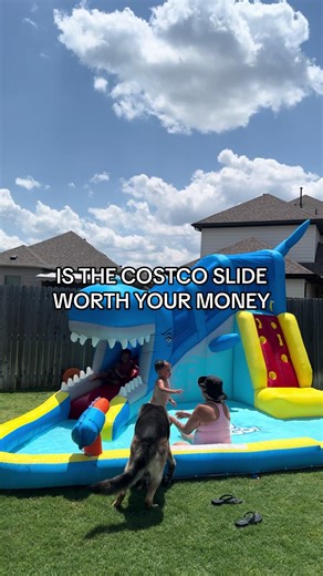Most asked questions on this slide is how much is it and if it comes with a pump! It costs $350 and yes, it comes with a pump! It has everything you need to set it up! 🫶🏽 completely worth it in my opinion! You don’t need the biggest backyard for it! We do put it away after each use to avoid killing the grass 🤪 we dump out the water, deflate it, try to completely remove the water, inflate it again and move it to a dry place for it to completely dry!! Rolling trash can is from Walmart for $30 a