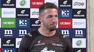 Safe to say that Sam Burgess is excited to see James Roberts back in the Cardinal and Myrtle! 🐇❤️💚 #GoRabbitohs | South Sydney Rabbitohs