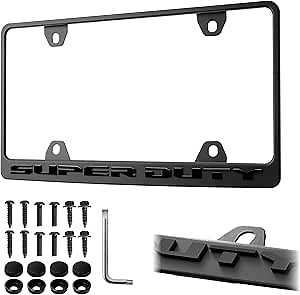 SUPER DUTY Front License Plate Frame – Stealth Black Powder Coat UV Resistant STAINLESS METAL Plate Holder - One Piece - Compatible with Ford Superduty F250 F350 (3D RAISED LETTER & MOUNTING HARDWARE)