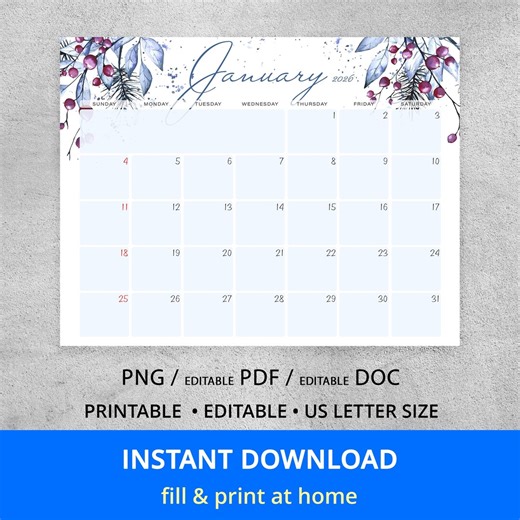 Editable January 2026 Calendar, Winter Watercolor Printable Monthly Planner, PDF PNG Doc, US Letter - Etsy