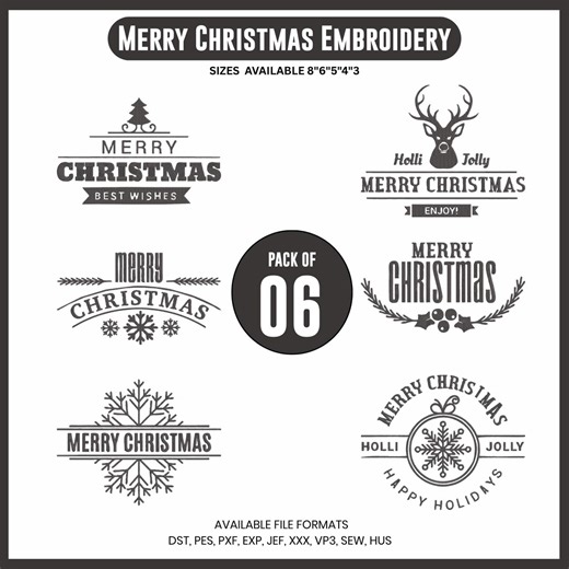 Merry Christmas Embroidery Designs | Holiday PES File, 5 Sizes - Etsy