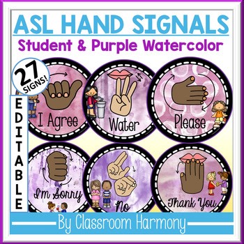 ASL Classroom Hand Signals: Student & Purple Watercolor Editable Sign Language